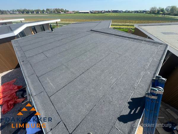 Nieuw bitumen plat dak met uitzicht over landschap in Limburg