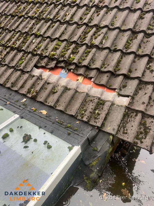 Beschadigd pannendak met ontbrekende dakpannen voor reparatie in Limburg